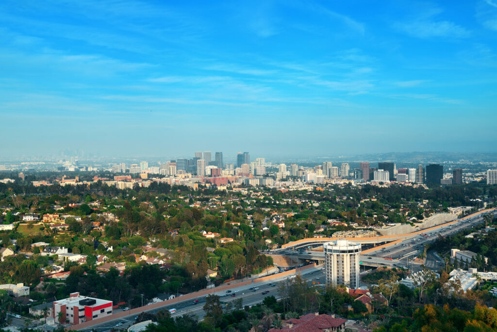Urban commercial district skyline and highway